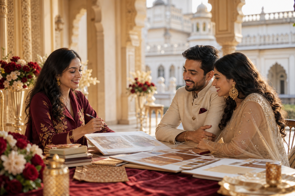 Couple meeting a wedding planner in Lucknow to plan their Indian wedding