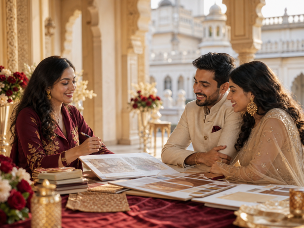 Couple meeting a wedding planner in Lucknow to plan their Indian wedding