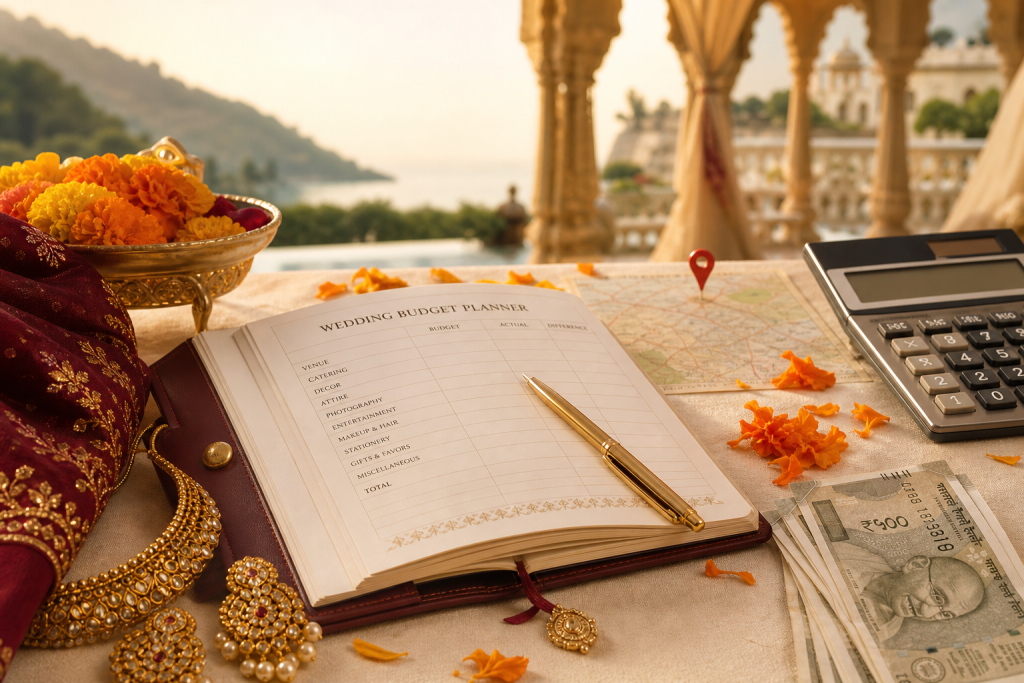 Destination wedding budget planning guide with notebook, calculator, and Indian wedding details