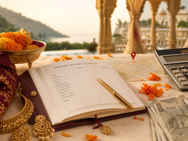 Destination wedding budget planning guide with notebook, calculator, and Indian wedding details