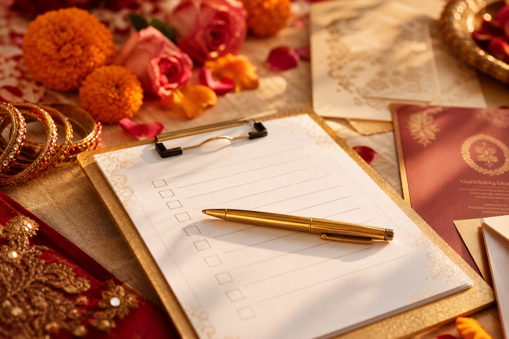 Indian wedding planning checklist 2026 with wedding stationery, marigold petals, and gold accents