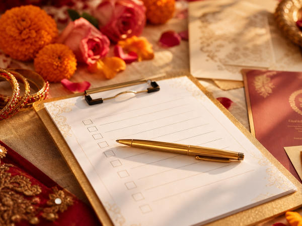 Indian wedding planning checklist 2026 with wedding stationery, marigold petals, and gold accents